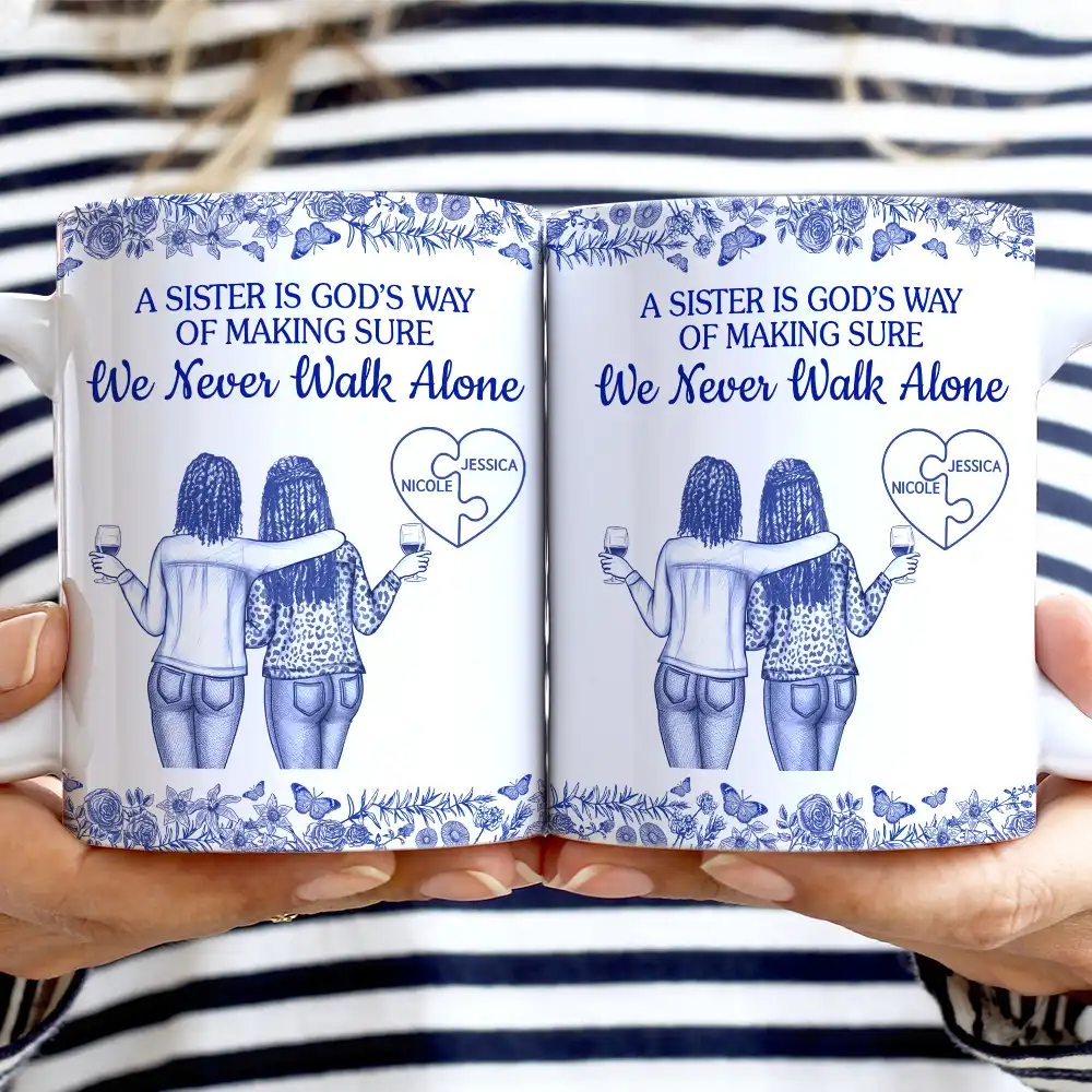 Gift For Bestie,Old Best friends,Happy - A Friend Is God's Way Of Making Sure We Never Walk Alone Toile - Personalized White Edge-to-Edge Mug