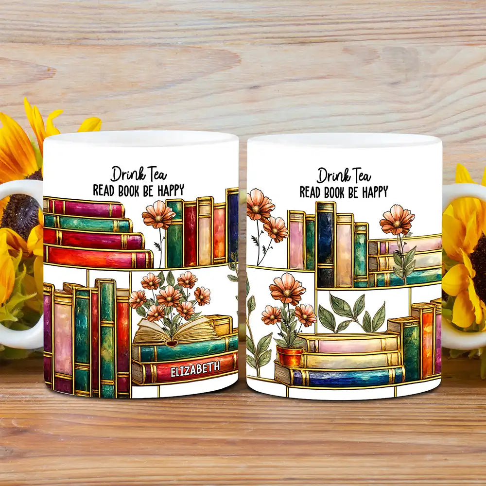 Reading,Gift For Yourself,Happy - Stained Glass Style Birth Month Flower A Girl Who Loves Books - Personalized White Edge-to-Edge Mug