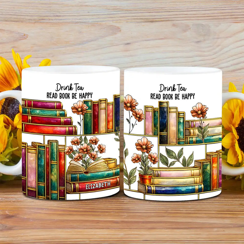Reading,Gift For Yourself,Happy - Stained Glass Style Birth Month Flower A Girl Who Loves Books - Personalized White Edge-to-Edge Mug