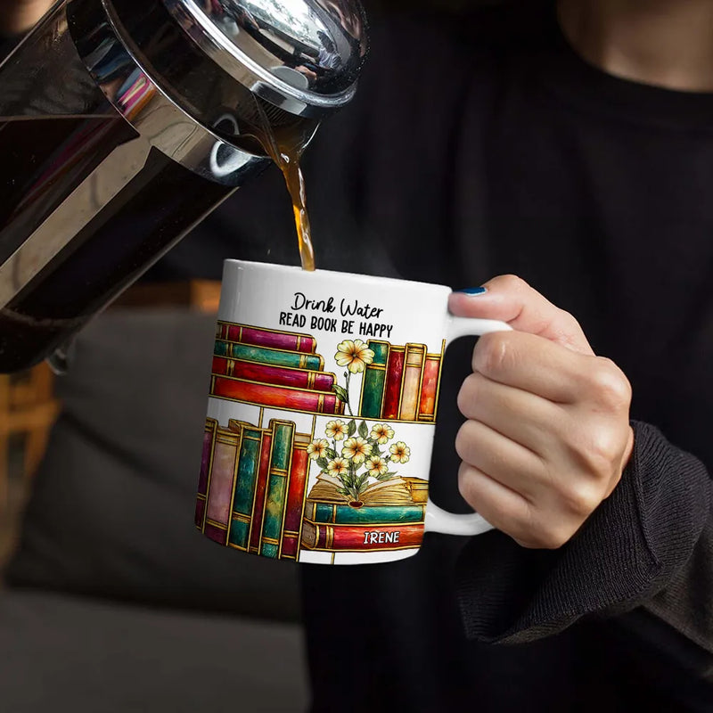 Reading,Gift For Yourself,Happy - Stained Glass Style Birth Month Flower A Girl Who Loves Books - Personalized White Edge-to-Edge Mug