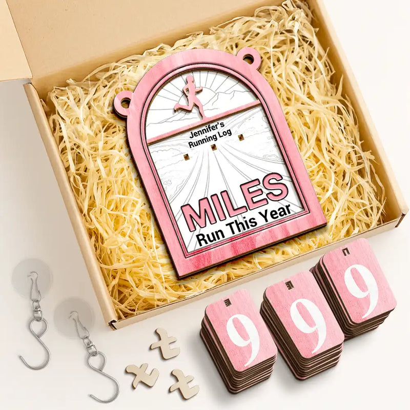Gift For Yourself,Happy - Running Log Tracker Miles Run This Year - Personalized Hanging Tracker Sign