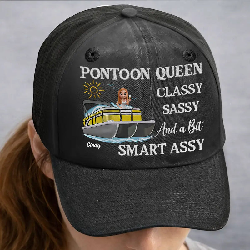 Pontoon,Gift For Yourself,Gift For Women,Funny - Pontoon Queen Classy Sassy - Personalized Vintage Washed Denim Cap