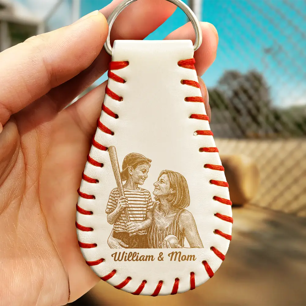 Baseball, Sport Mom, Gift For Mother, Happy - Custom Photo Pencil Sketch Behind Every Baseball Player - Personalized Leather Baseball Keychain