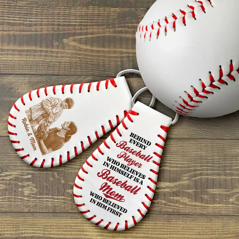Baseball, Sport Mom, Gift For Mother, Happy - Custom Photo Pencil Sketch Behind Every Baseball Player - Personalized Leather Baseball Keychain