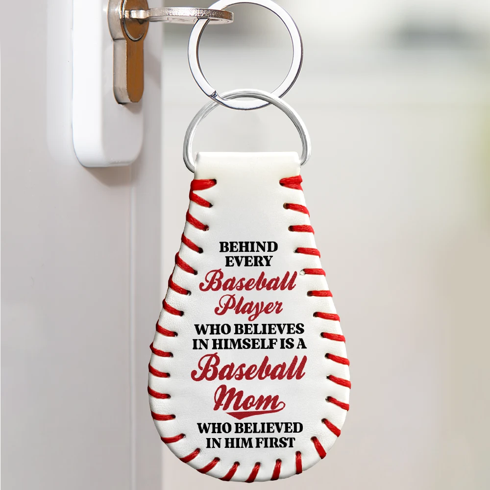 Baseball, Sport Mom, Gift For Mother, Happy - Custom Photo Pencil Sketch Behind Every Baseball Player - Personalized Leather Baseball Keychain
