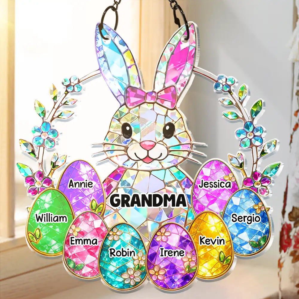 Happy,Gift For Wife,Gift For Mother,Gift For Grandma,Easter - Easter Bunny Egg Grandma Mom Glass Effect - Personalized Window Hanging Suncatcher Ornament