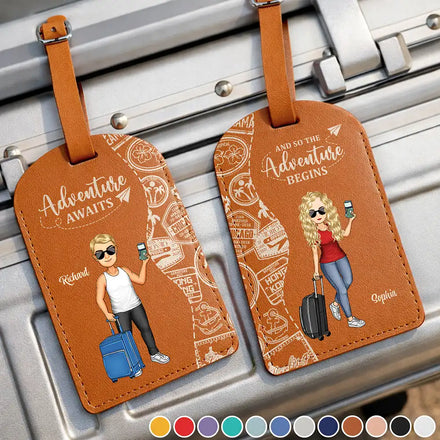 Travel Couple And So The Adventure Begins - Personalized Combo 2 Leather Luggage Tags