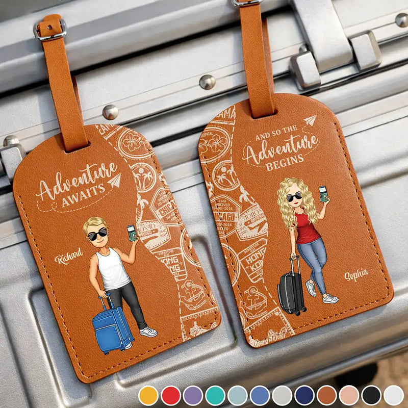 Travel,Gift For Couples,Gift For Husband,Gift For Wife,Happy - Travel Couple And So The Adventure Begins - Personalized Combo 2 Leather Luggage Tags