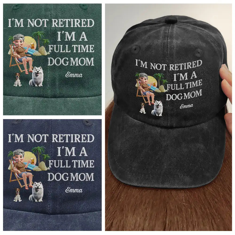 Pet Lovers,Pet Mom,Happy - Retired Full Time Dog Cat Mom 3D Embroidery Effect - Personalized Vintage Washed Denim Cap