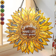 Gift For Grandma,Grandma - Grandkids,Gift For Mother,Gift For Women,Happy,Top Market - Stained Glass Effect Sunflower Grandkids Make Life Grand - Personalized Window Hanging Suncatcher Ornament