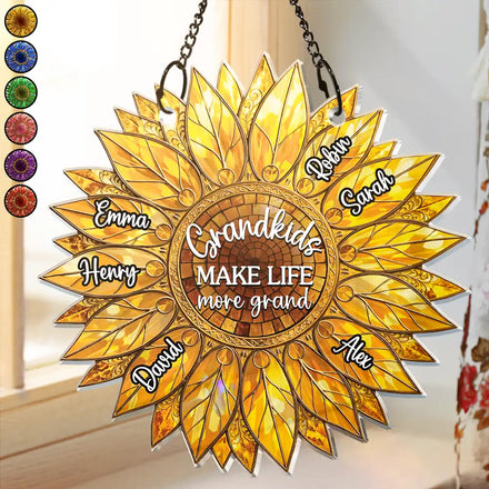 Stained Glass Effect Sunflower Grandkids Make Life Grand - Personalized Window Hanging Suncatcher Ornament