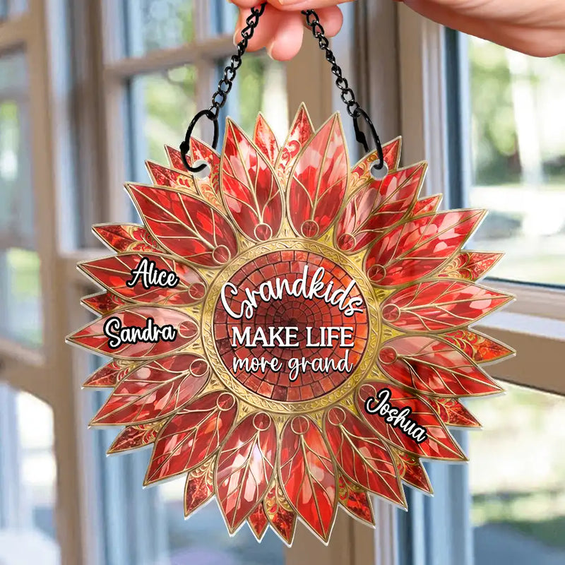 Gift For Grandma,Grandma - Grandkids,Gift For Mother,Gift For Women,Happy,Top Market - Stained Glass Effect Sunflower Grandkids Make Life Grand - Personalized Window Hanging Suncatcher Ornament