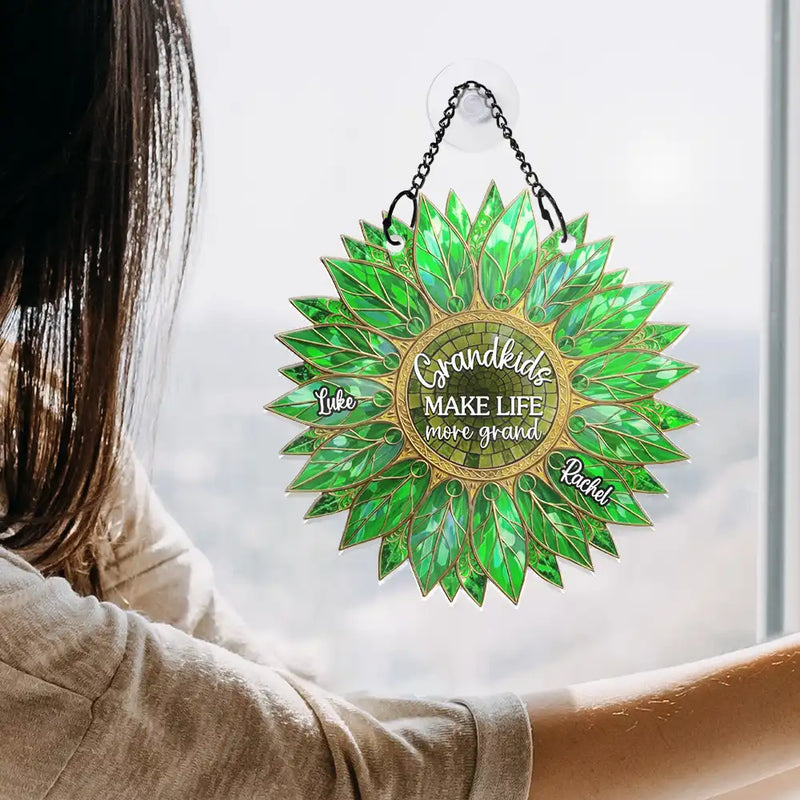 Gift For Grandma,Grandma - Grandkids,Gift For Mother,Gift For Women,Happy,Top Market - Stained Glass Effect Sunflower Grandkids Make Life Grand - Personalized Window Hanging Suncatcher Ornament