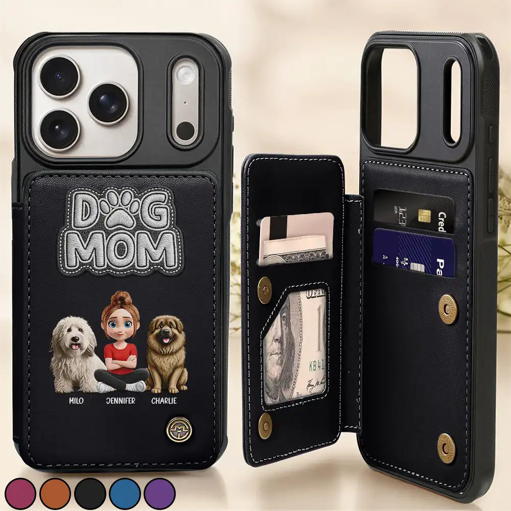 Faux Embroidery Effect Pet Mom Pet Dad - Personalized Leather Flip Wallet Phone Case