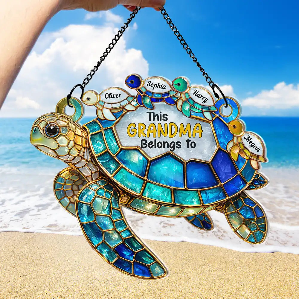 Gift For Grandma, Grandma - Grandkids, Beach, Happy, Gift For Mother - Turtle This Grandma Belongs To - Personalized Window Hanging Suncatcher Ornament