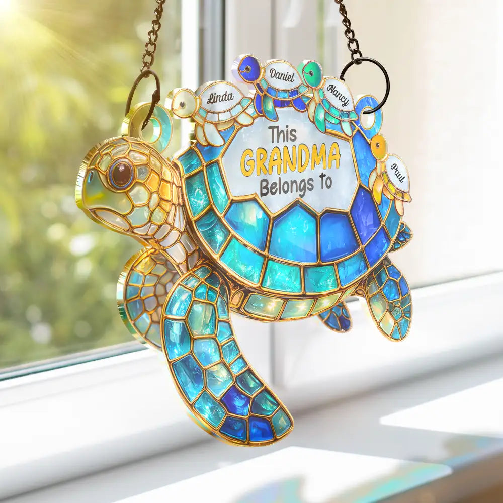 Gift For Grandma, Grandma - Grandkids, Beach, Happy, Gift For Mother - Turtle This Grandma Belongs To - Personalized Window Hanging Suncatcher Ornament