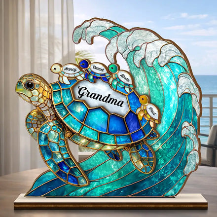 Turtle Stained Glass Mom Grandma - Personalized Custom Shaped Wooden Plaque