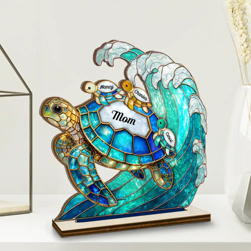 Gift For Grandma,Grandma - Grandkids,Gift For Mother,Beach,Happy - Turtle Stained Glass Mom Grandma - Personalized Custom Shaped Wooden Plaque