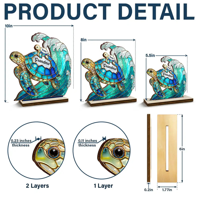 Gift For Grandma,Grandma - Grandkids,Gift For Mother,Beach,Happy - Turtle Stained Glass Mom Grandma - Personalized Custom Shaped Wooden Plaque