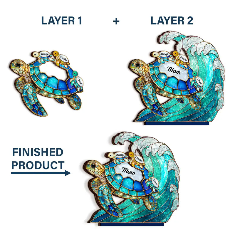 Gift For Grandma,Grandma - Grandkids,Gift For Mother,Beach,Happy - Turtle Stained Glass Mom Grandma - Personalized Custom Shaped Wooden Plaque