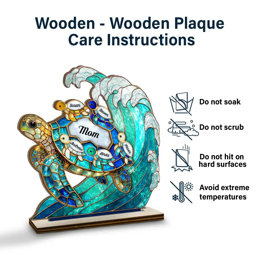 Gift For Grandma,Grandma - Grandkids,Gift For Mother,Beach,Happy - Turtle Stained Glass Mom Grandma - Personalized Custom Shaped Wooden Plaque