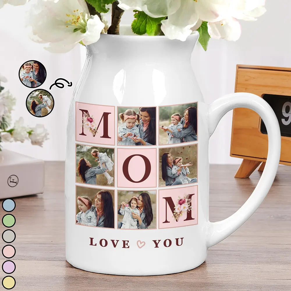 Gift For Mother,Gift For Grandma,Custom Photo,Love - Custom Photo Love You Mom - Personalized Ceramic Flower Vase