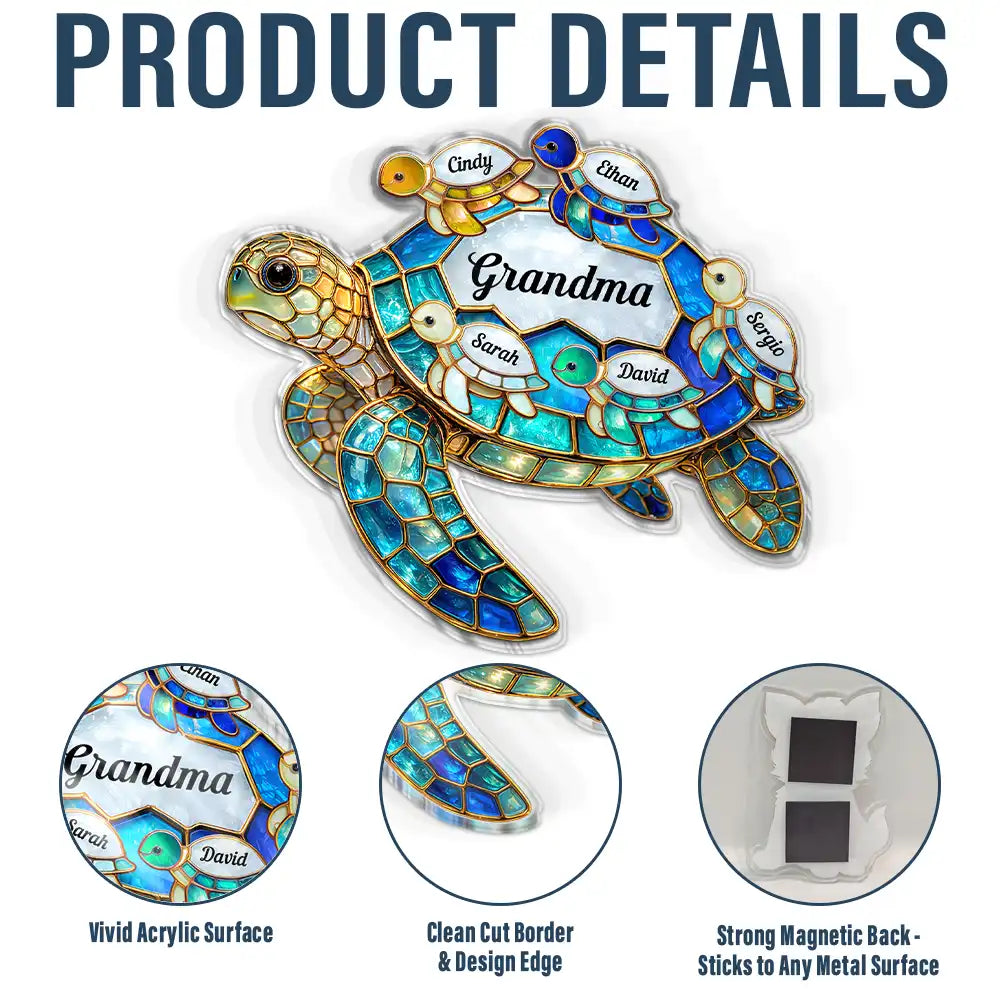 Gift For Grandma, Grandma - Grandkids, Beach, Happy - Turtle Stained Glass Mom Grandma - Personalized Acrylic Fridge Magnet