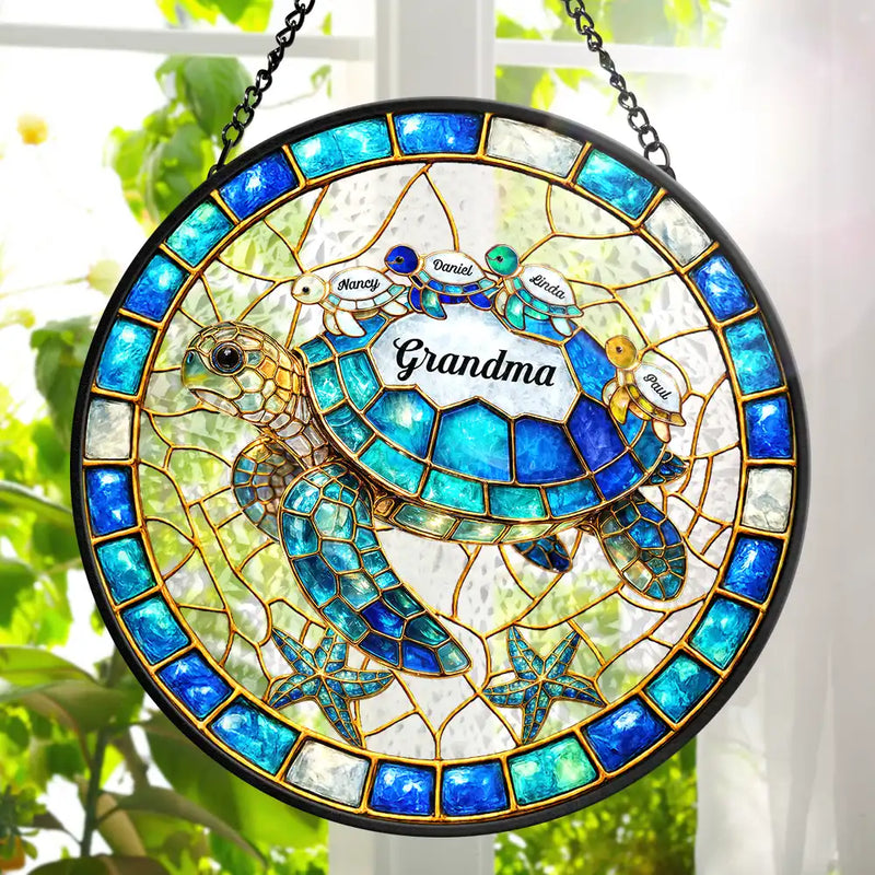Gift For Grandma,Grandma - Grandkids,Beach,Happy - Turtle Stained Glass Mom Grandma - Personalized Stained Glass Window Hanging Suncatcher