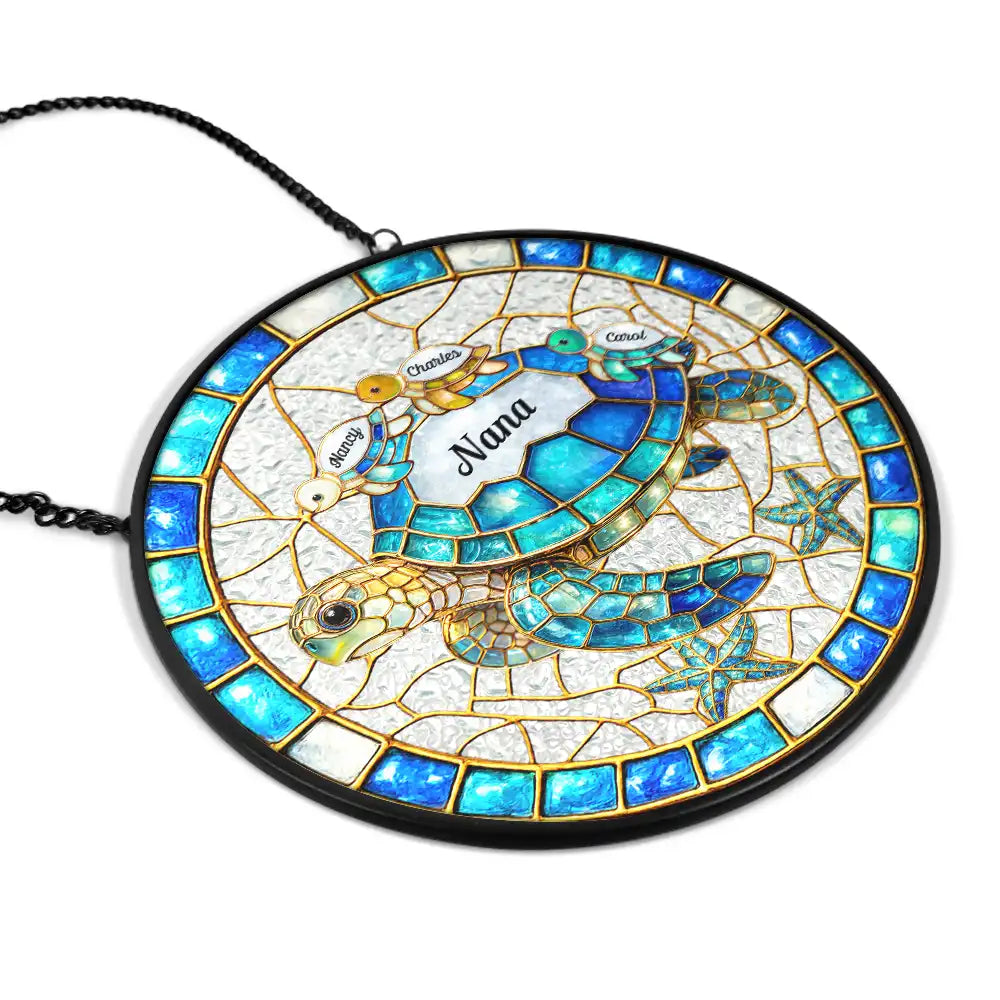Gift For Grandma,Grandma - Grandkids,Beach,Happy - Turtle Stained Glass Mom Grandma - Personalized Stained Glass Window Hanging Suncatcher