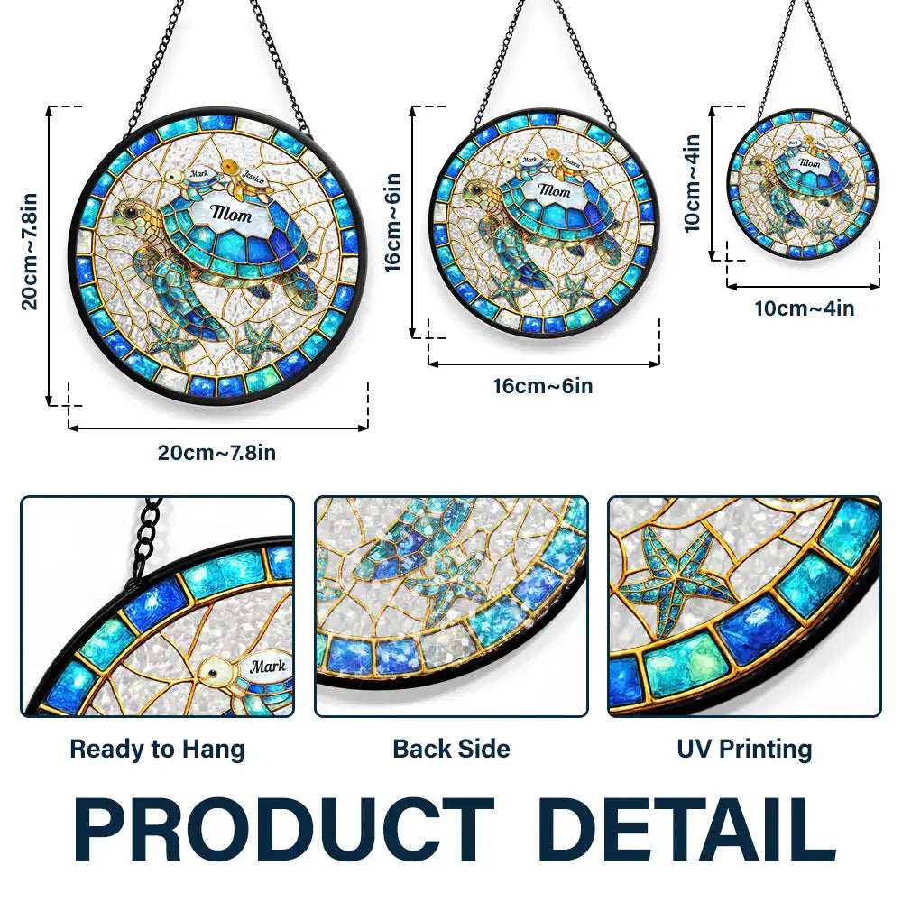 Gift For Grandma,Grandma - Grandkids,Beach,Happy - Turtle Stained Glass Mom Grandma - Personalized Stained Glass Window Hanging Suncatcher