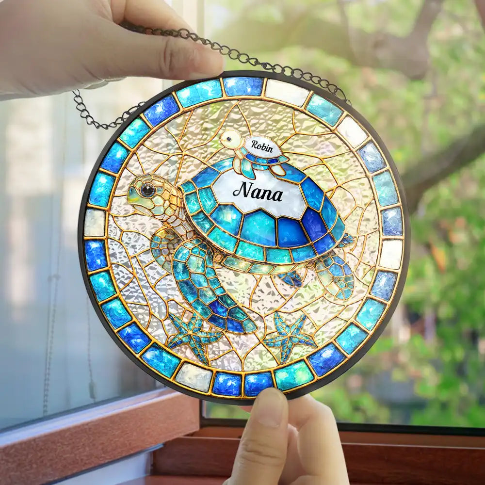 Gift For Grandma,Grandma - Grandkids,Beach,Happy - Turtle Stained Glass Mom Grandma - Personalized Stained Glass Window Hanging Suncatcher