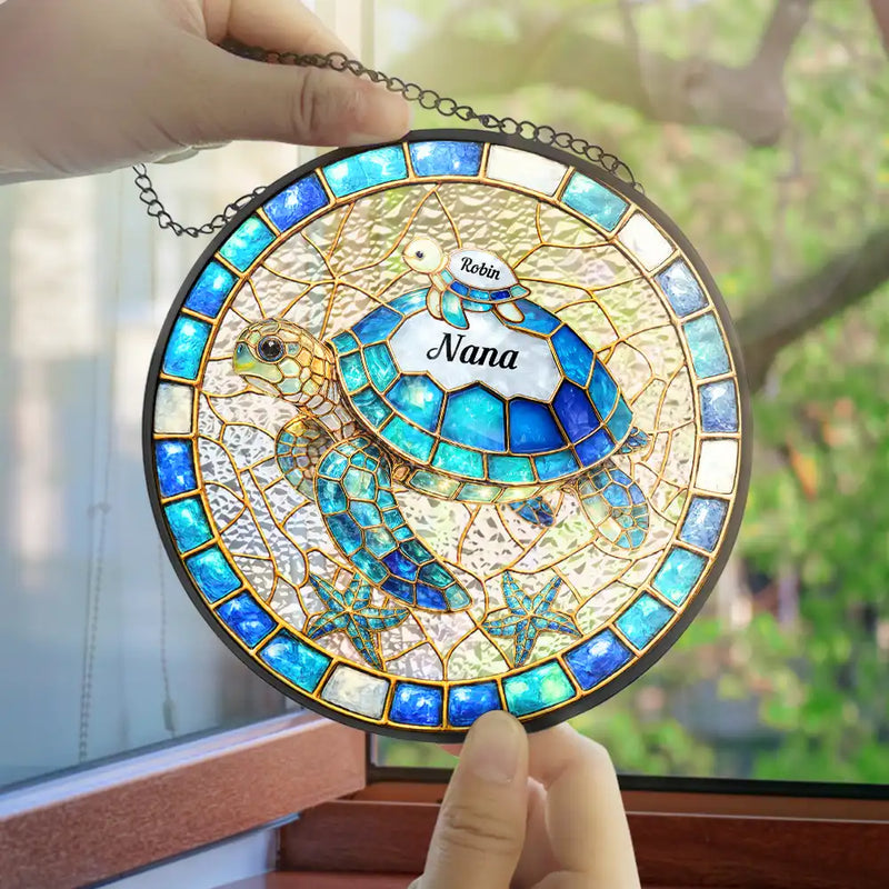 Gift For Grandma,Grandma - Grandkids,Beach,Happy - Turtle Stained Glass Mom Grandma - Personalized Stained Glass Window Hanging Suncatcher