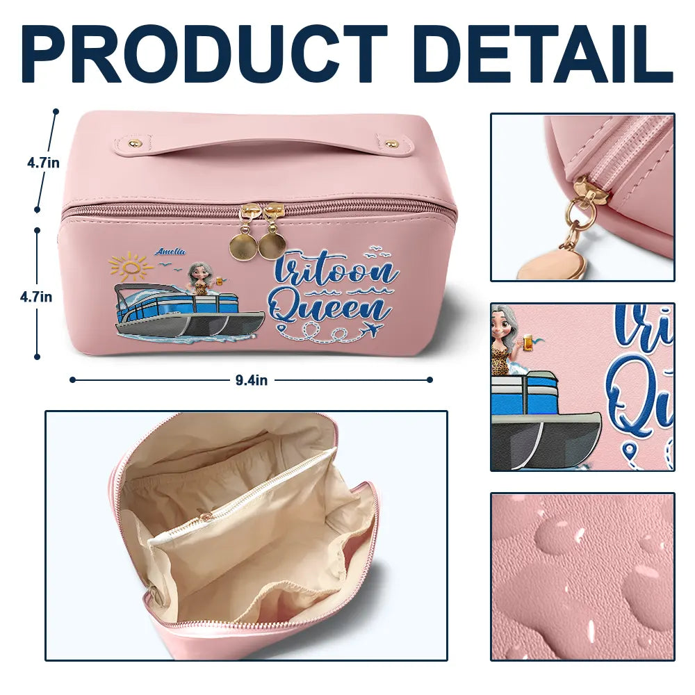 Gift For Yourself, Gift For Women, Pontoon, Lake, Funny - Pontoon Queen Classy Sassy All My Pontoon Crap - Personalized Leather Makeup Bag