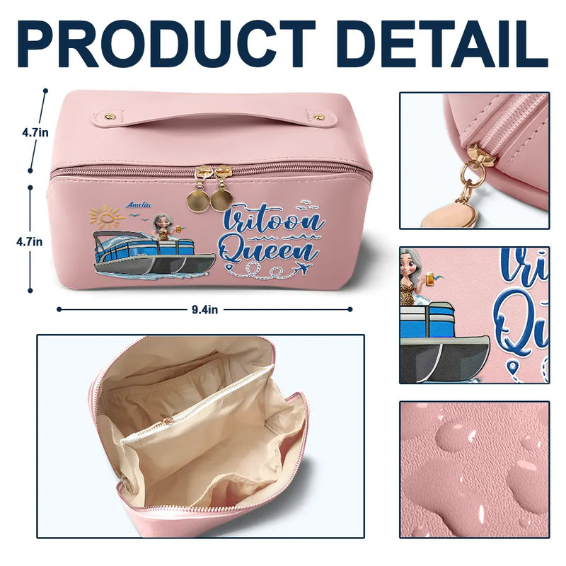 Gift For Yourself, Gift For Women, Pontoon, Lake, Funny - Pontoon Queen Classy Sassy All My Pontoon Crap - Personalized Leather Makeup Bag