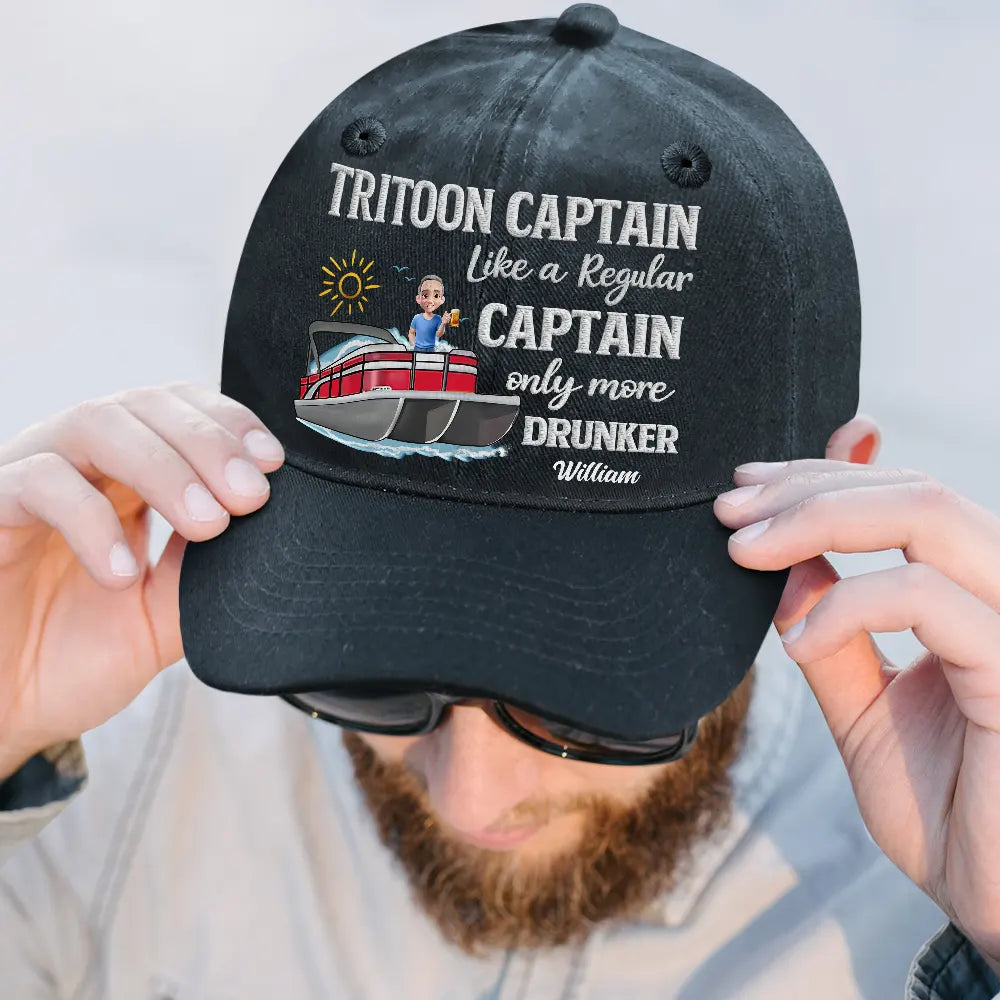 Pontoon,Lake,Gift For Yourself,Funny - Pontoon Captain Pontoon Queen - Personalized Vintage Washed Denim Cap