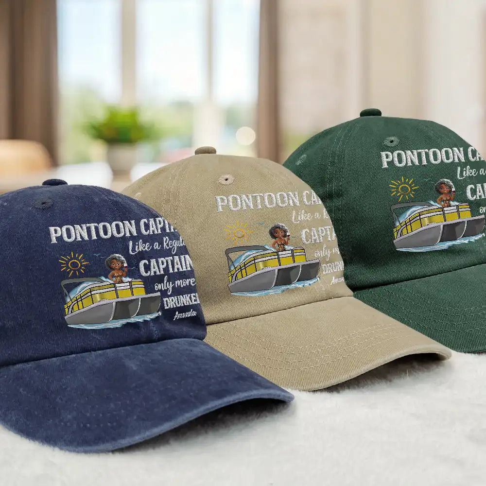 Pontoon,Lake,Gift For Yourself,Funny - Pontoon Captain Pontoon Queen - Personalized Vintage Washed Denim Cap