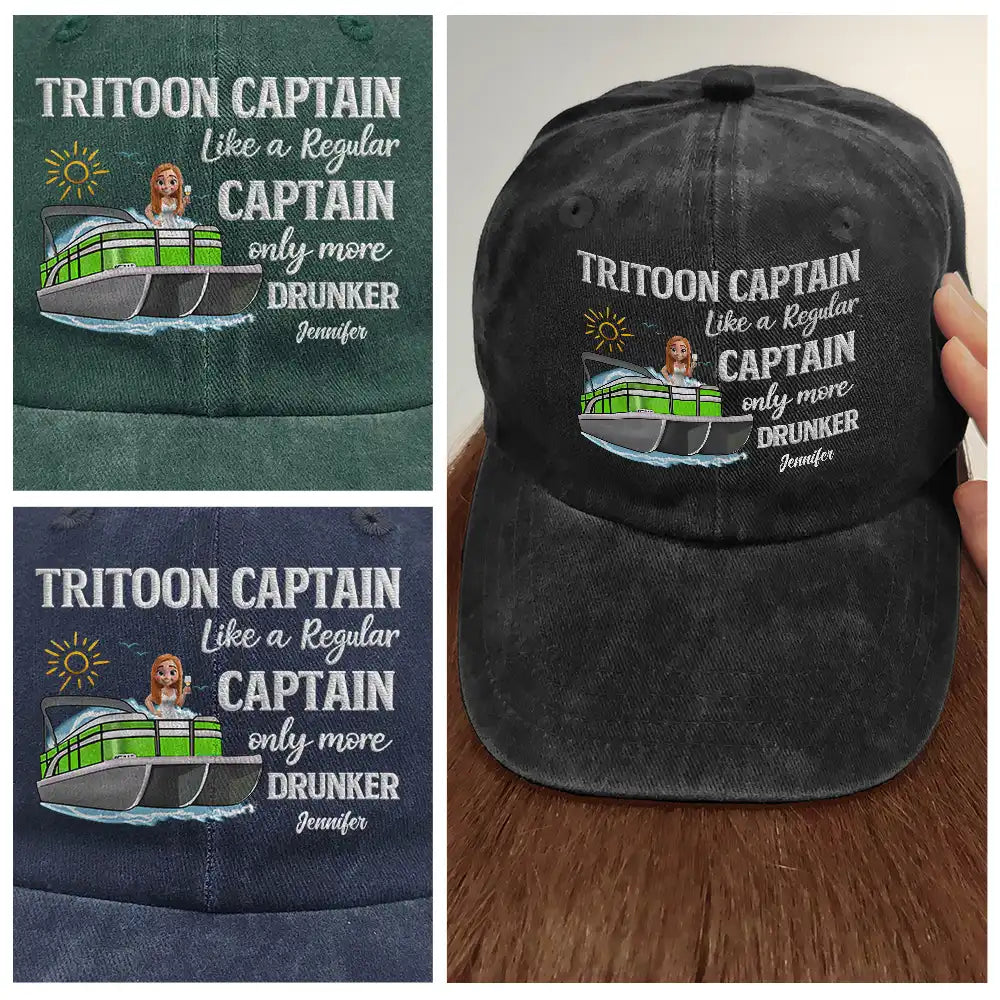 Pontoon,Lake,Gift For Yourself,Funny - Pontoon Captain Pontoon Queen - Personalized Vintage Washed Denim Cap