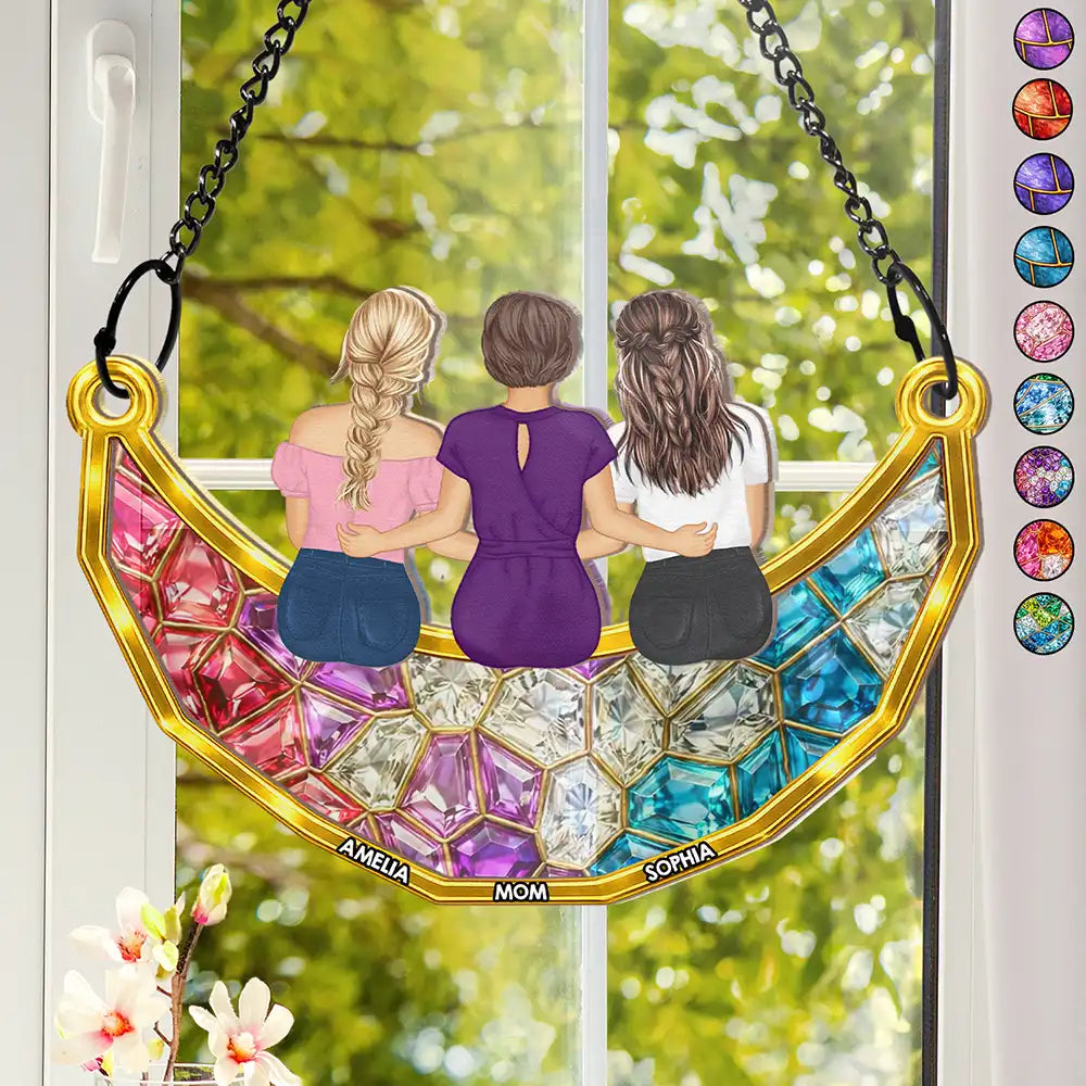 Gift For Mother,Gift For Grandma,Mom - Daughters (Adult),Grandma - Grandkids,Happy - Mom Grandma Sitting On The Moon Stained Glass Effect - Personalized Window Hanging Suncatcher Ornament
