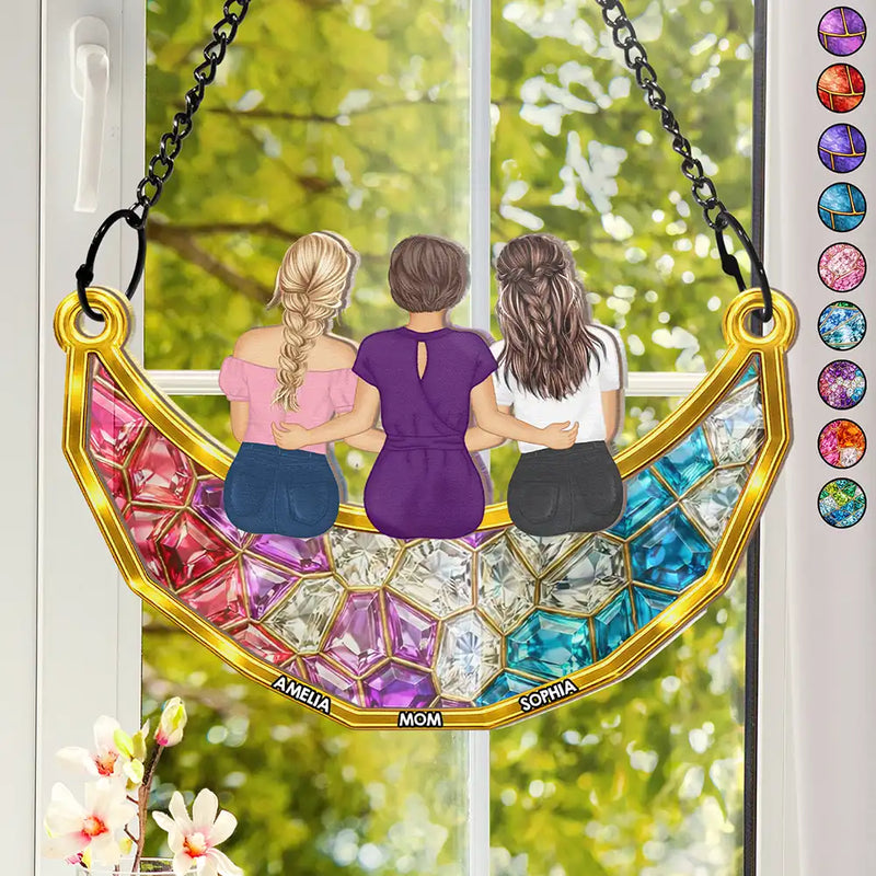 Gift For Mother,Gift For Grandma,Mom - Daughters (Adult),Grandma - Grandkids,Happy - Mom Grandma Sitting On The Moon Stained Glass Effect - Personalized Window Hanging Suncatcher Ornament