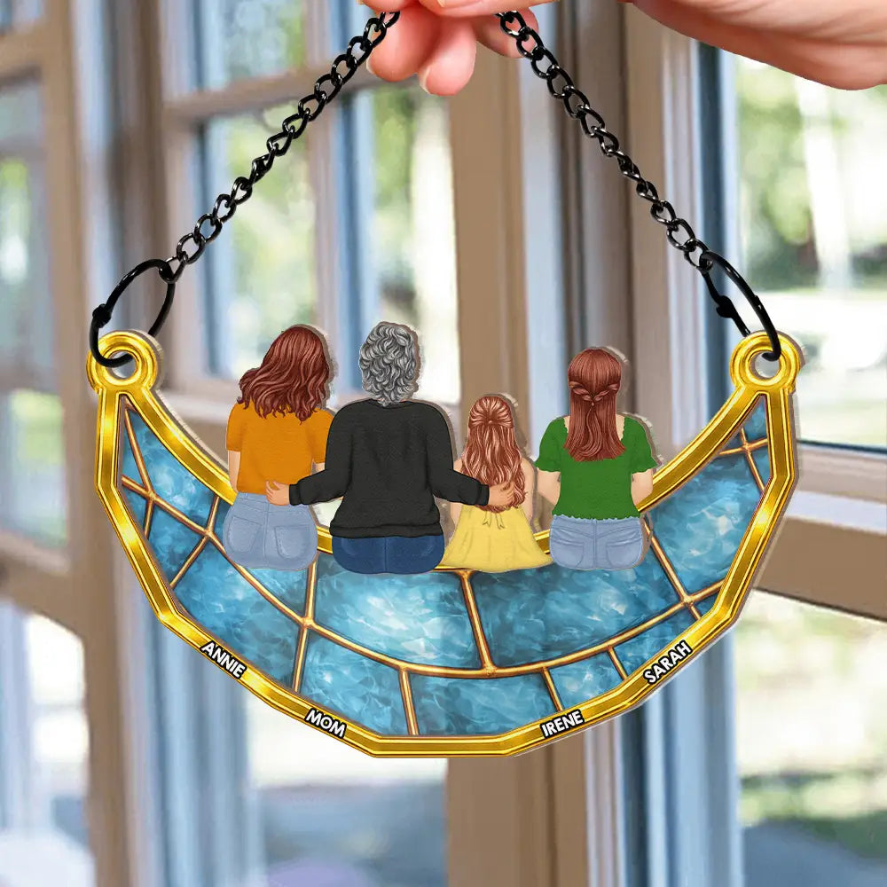 Gift For Mother,Gift For Grandma,Mom - Daughters (Adult),Grandma - Grandkids,Happy - Mom Grandma Sitting On The Moon Stained Glass Effect - Personalized Window Hanging Suncatcher Ornament