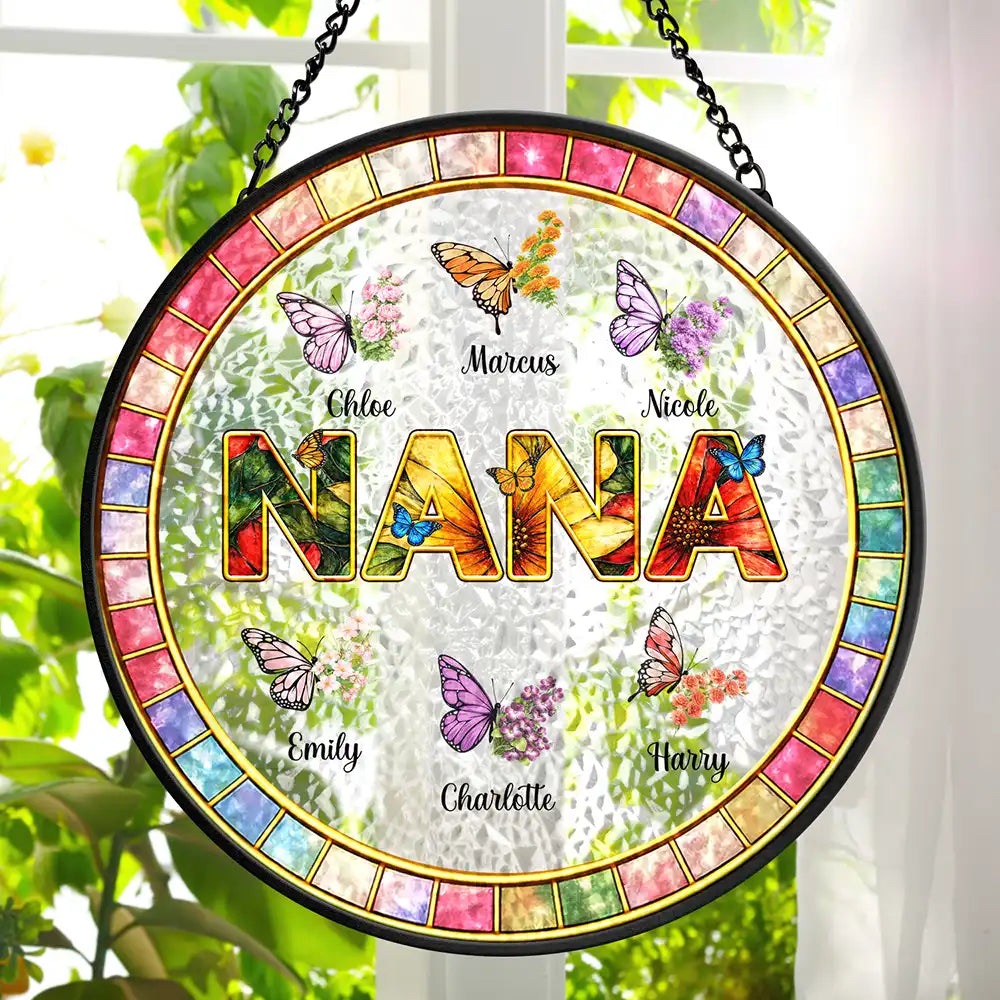Mom Grandma Nana Floral Butterflies - Personalized Stained Glass Window Hanging Suncatcher