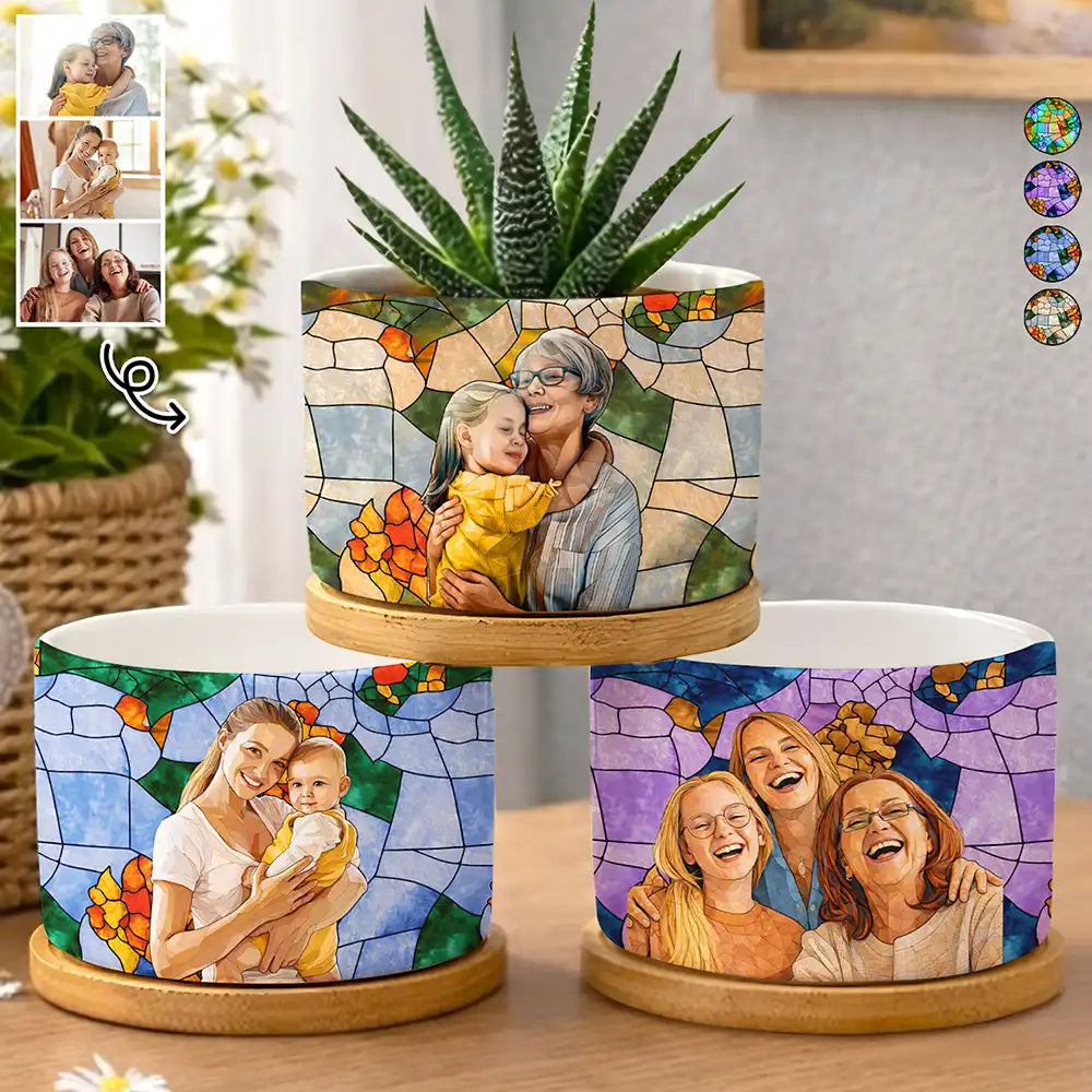 Gift For Wife,Gift For Mother,Gift For Grandma,Gift For Grandparents,Family,Love - Custom Photo Stained Glass Portrait Mom Grandma Parents Family - Personalized Ceramic Plant Pot