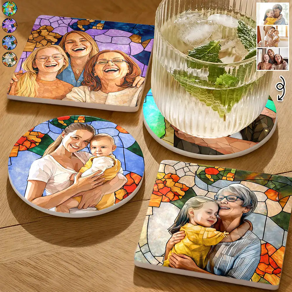 Custom Photo Stained Glass Portrait Mom Grandma Parents Family - Personalized Ceramic Coaster