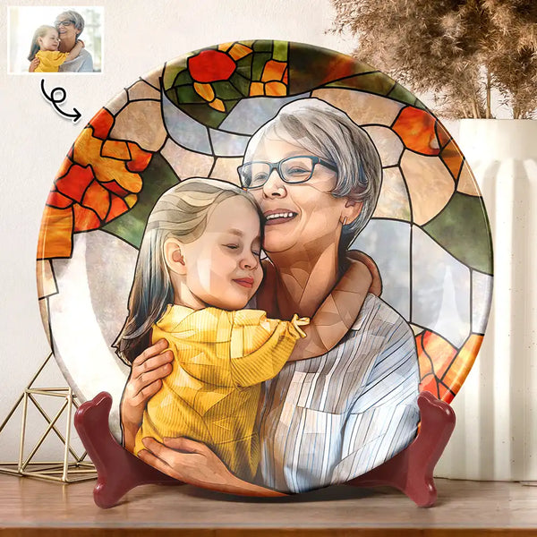 Gift For Wife,Gift For Mother,Gift For Grandma,Gift For Grandparents,Family,Love - Custom Photo Stained Glass Portrait Mom Grandma Parents Family - Personalized Ceramic Plate