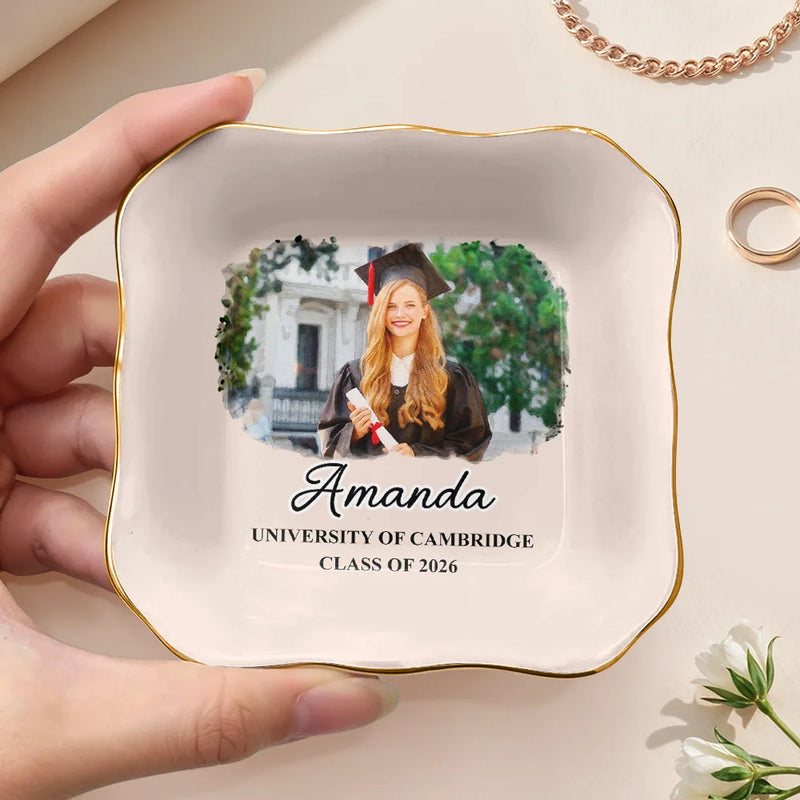 Graduation,Happy,Photo - Watercolor (with BG) - Custom Photo Watercolor Painting Congrats Graduation - Personalized Ring Dish