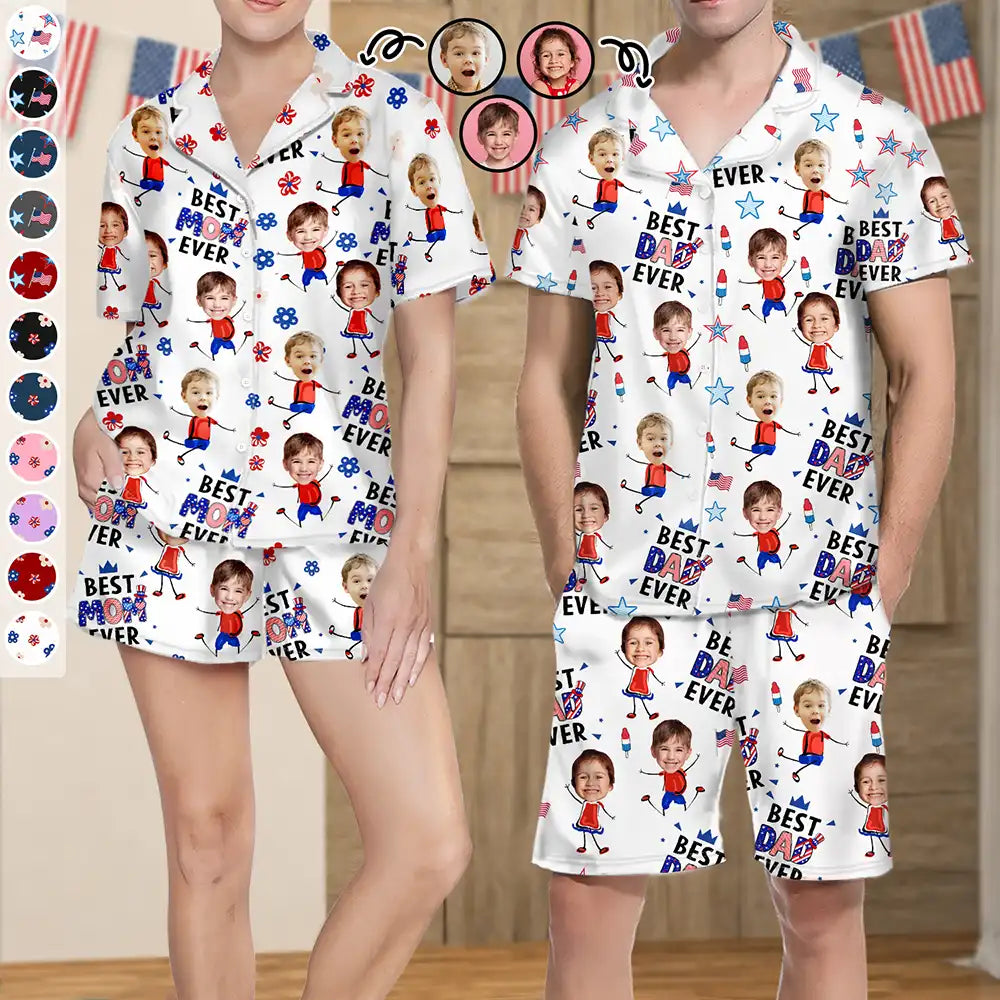 Gift For Mother,Gift For Grandma,Happy,Gift For Father,Gift For Grandpa,Independence Day,Non-Eng,Photo,Icon,Humorous - Custom Photo Stars & Stripes Best Dad Mom Grandpa Grandma Ever - Personalized Short Pajamas Set