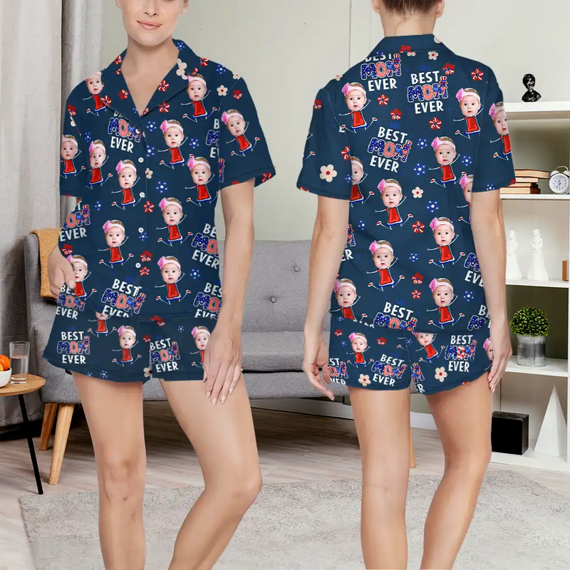 Gift For Mother,Gift For Grandma,Happy,Gift For Father,Gift For Grandpa,Independence Day,Non-Eng,Photo,Icon,Humorous - Custom Photo Stars & Stripes Best Dad Mom Grandpa Grandma Ever - Personalized Short Pajamas Set