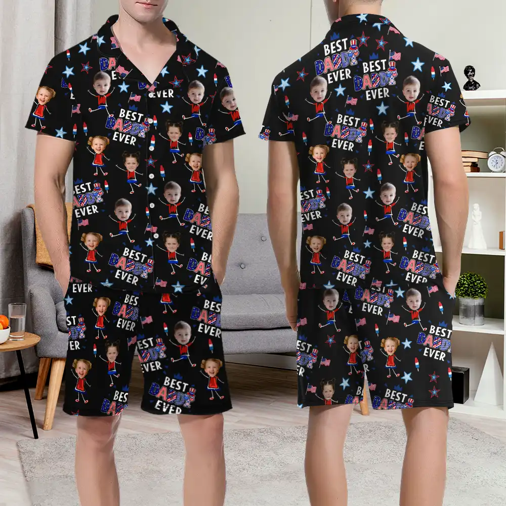 Gift For Mother,Gift For Grandma,Happy,Gift For Father,Gift For Grandpa,Independence Day,Non-Eng,Photo,Icon,Humorous - Custom Photo Stars & Stripes Best Dad Mom Grandpa Grandma Ever - Personalized Short Pajamas Set