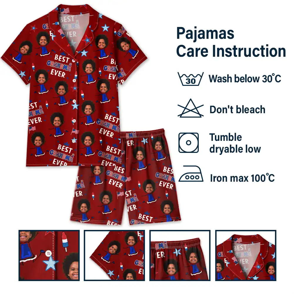 Gift For Mother,Gift For Grandma,Happy,Gift For Father,Gift For Grandpa,Independence Day,Non-Eng,Photo,Icon,Humorous - Custom Photo Stars & Stripes Best Dad Mom Grandpa Grandma Ever - Personalized Short Pajamas Set