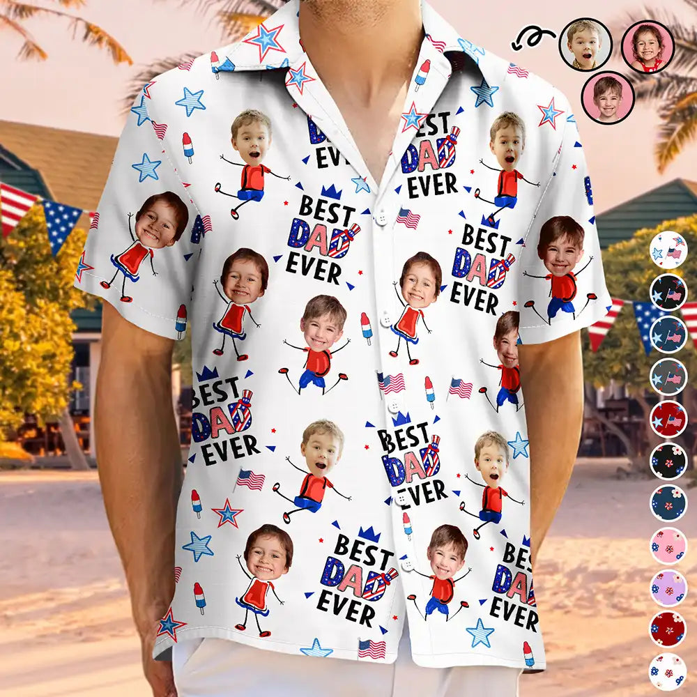 Gift For Mother,Gift For Grandma,Happy,Gift For Father,Gift For Grandpa,Summer,Independence Day,Non-Eng,Photo,Icon,Humorous - Custom Photo Stars & Stripes Best Dad Mom Grandpa Grandma Ever - Personalized Hawaiian Shirt
